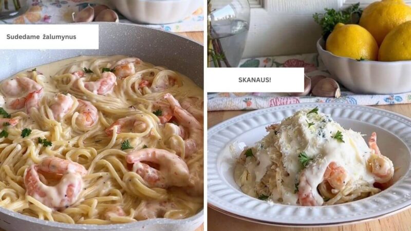 Makaronai su krevetėmis grietinėlės padaže. Norėsis kartoti dar ir dar!