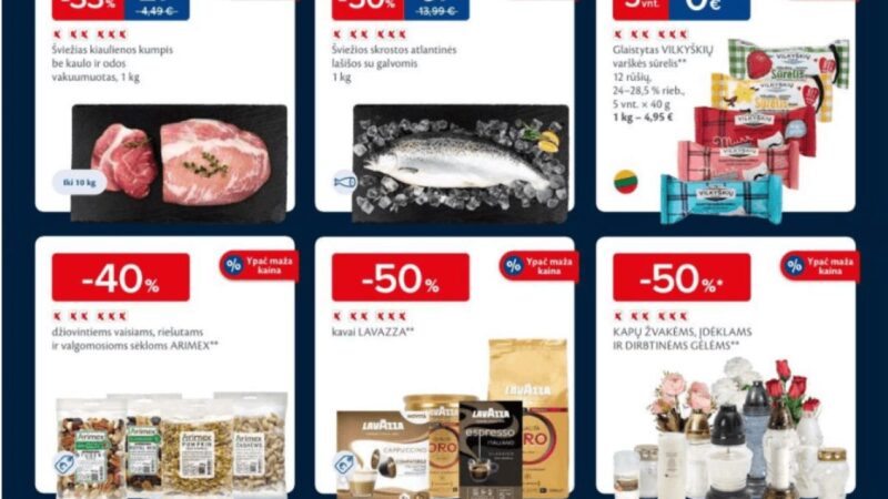 MAXIMA: kava Lavazza – 50%, LIDL: kapų žvakės – 60%. RIMI, IKI, NORFA, THOMAS PHILIPPS ir kt. 43 savaitės (2024.10.21-10.27) geriausios nuolaidos