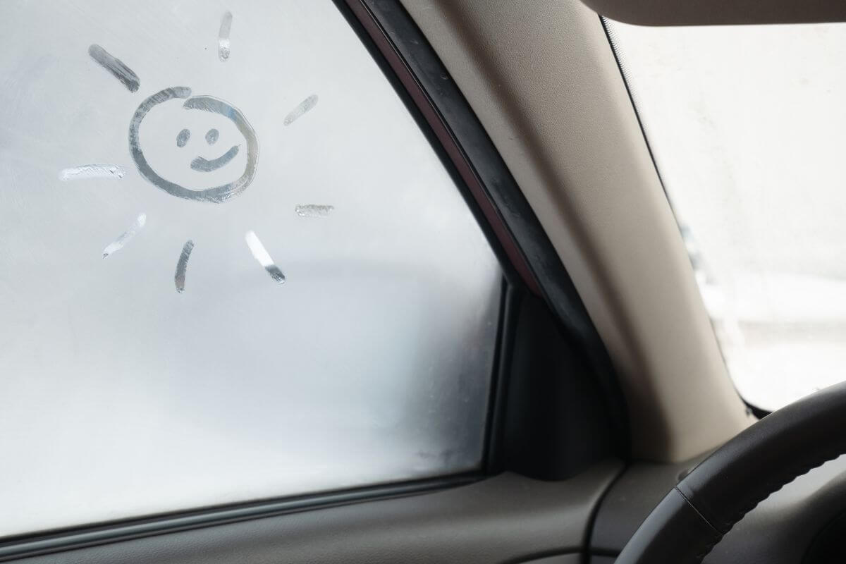 Užšalęs automobilio stiklas. Aprasojęs stiklas iš vidaus