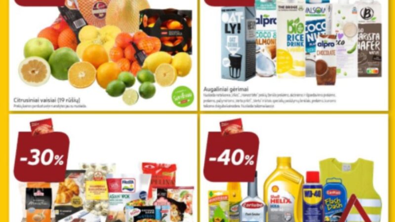 MAXIMA: Kosmetikai ir burnos priežiūros priemonėms – 40%, RIMI: Automobilių priežiūros priemonėms ir priedams – 40%. LIDL, IKI savaitgalio (2025.01.16–01.19) aktualiausios akcijos ir nuolaidos