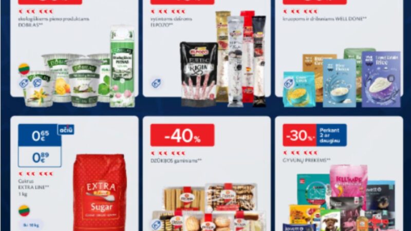 MAXIMA: „DZŪKIJOS“ gaminiams – 40%, IKI: „Pieno žvaigždžių“ sūriams – 30%. LIDL, RIMI ir kt. 13 savaitės (2025.03.27–03.30) geriausios savaitgalio akcijos