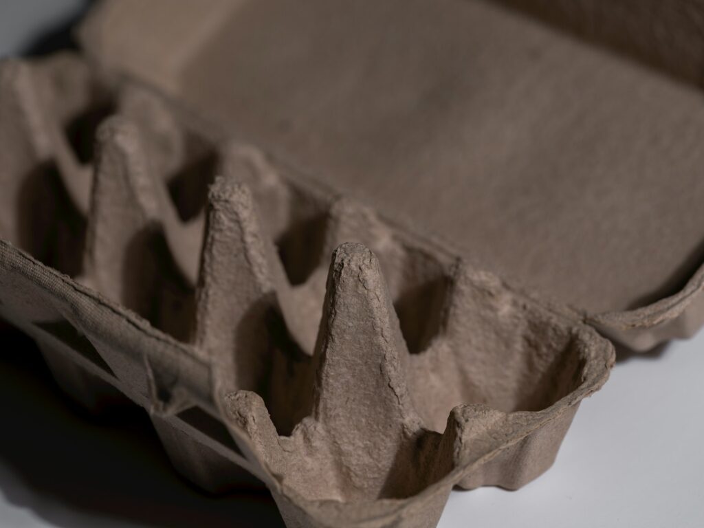 Empty brown cardboard egg carton with six cups