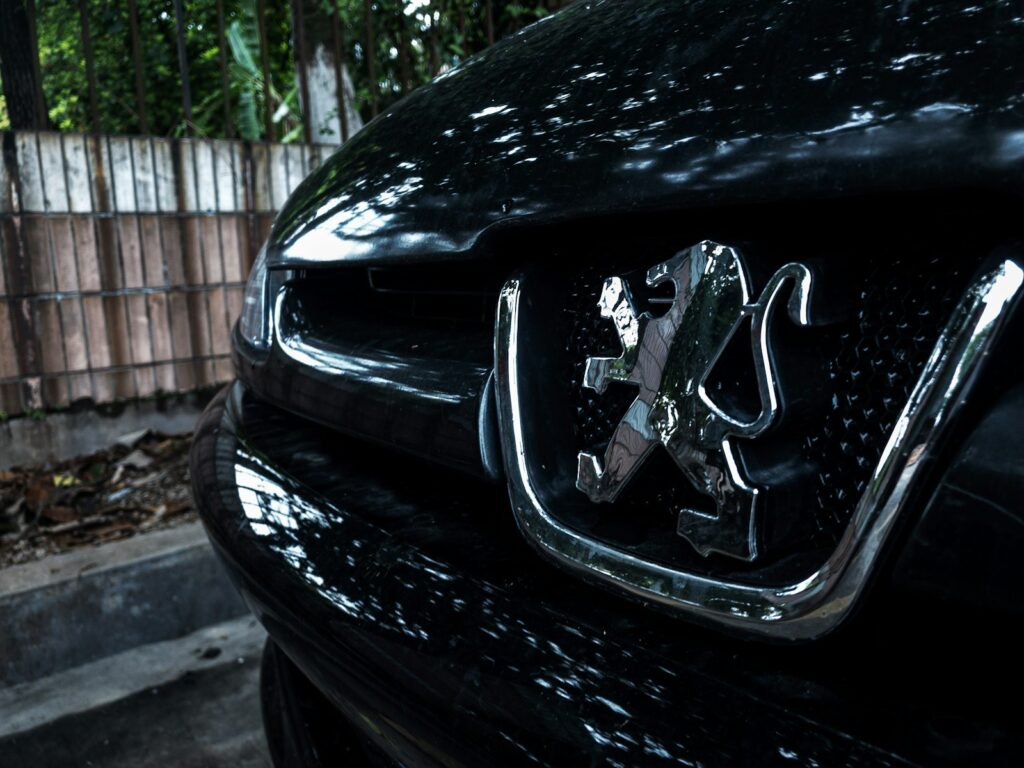 a close up of the front of a black car