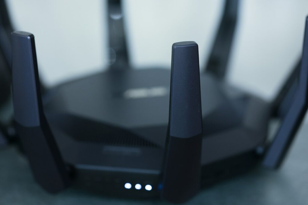A close-up of a wireless router.