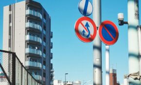 round white-and-blue signages
