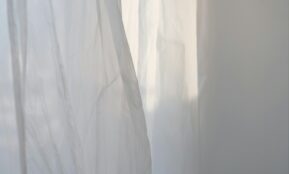 a white curtain with a cat sitting on top of it