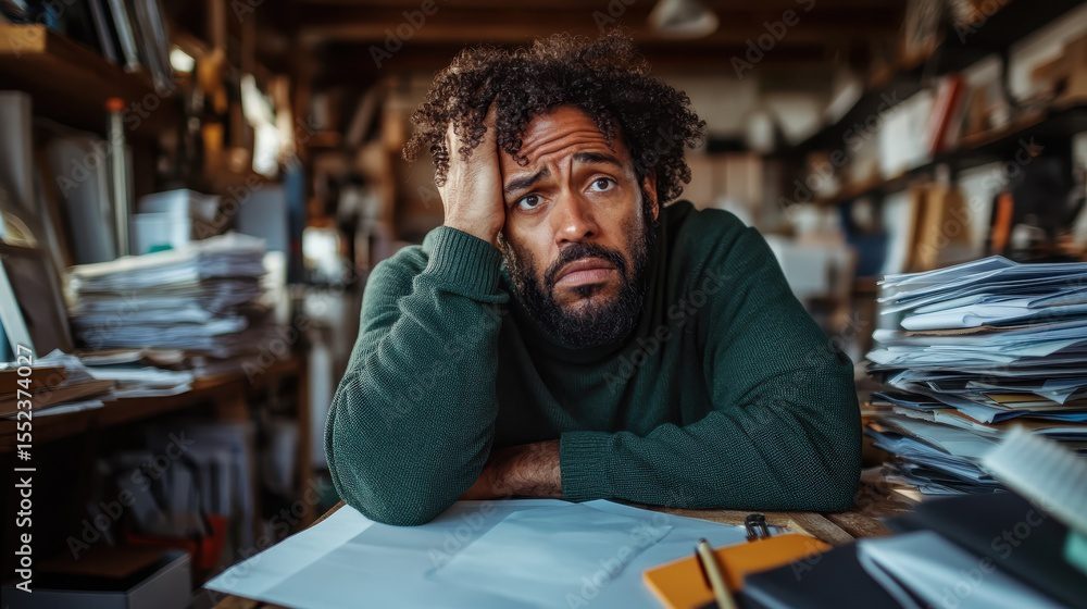 A worried man appears overwhelmed, with a hand on his head, sitting at a cluttered desk filled with papers, conveying the stress and pressure of modern work life.