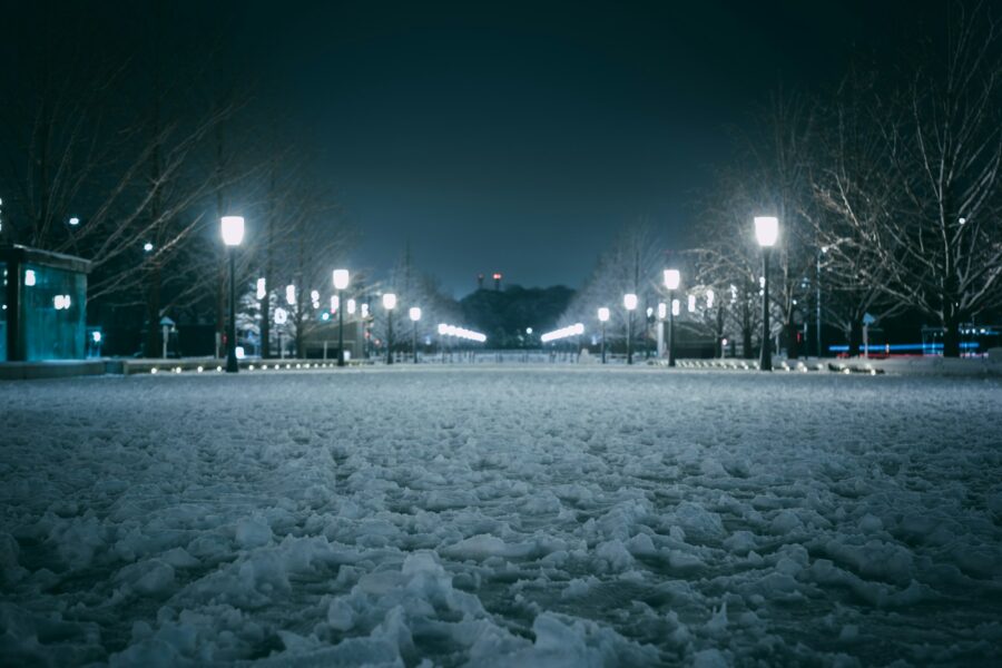 a snow covered park at night with street lights