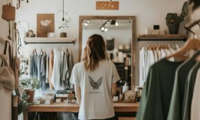 A woman looks at clothes in a stylish boutique.