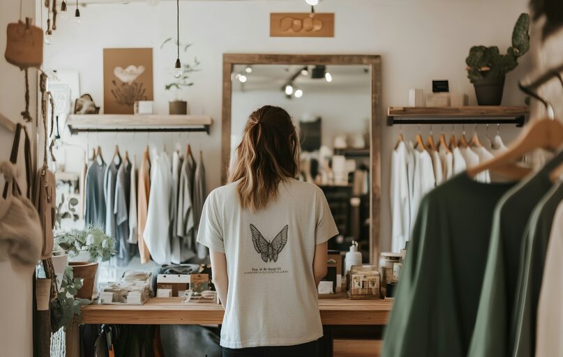 A woman looks at clothes in a stylish boutique.