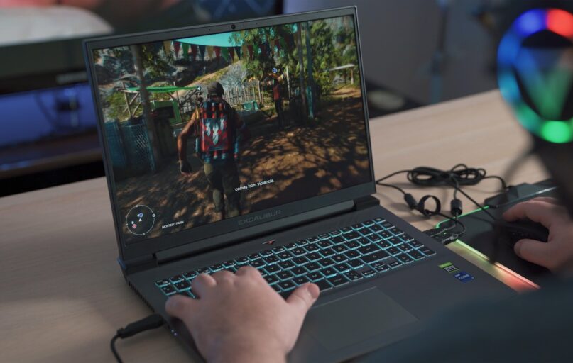 a person playing a video game on a laptop
