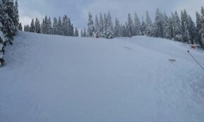 a man riding skis down a snow covered slope