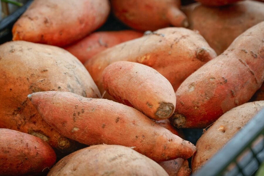 A pile of sweet potatoes in a basket.
