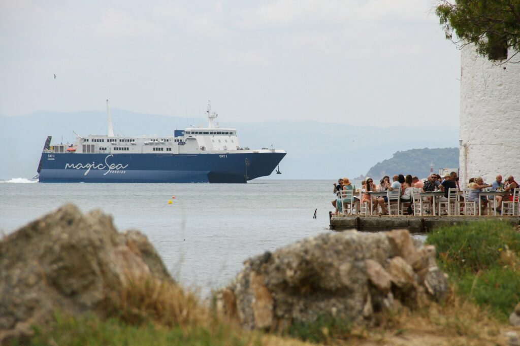 a large blue and white boat in the water