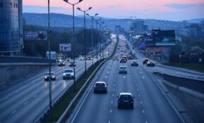 highway, city, cars, traffic, road, urban traffic, urban, twilight, sunset, nature, dusk