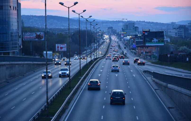 highway, city, cars, traffic, road, urban traffic, urban, twilight, sunset, nature, dusk
