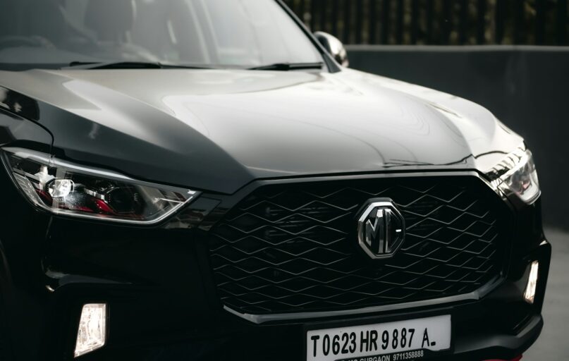 a close up of the front of a black car