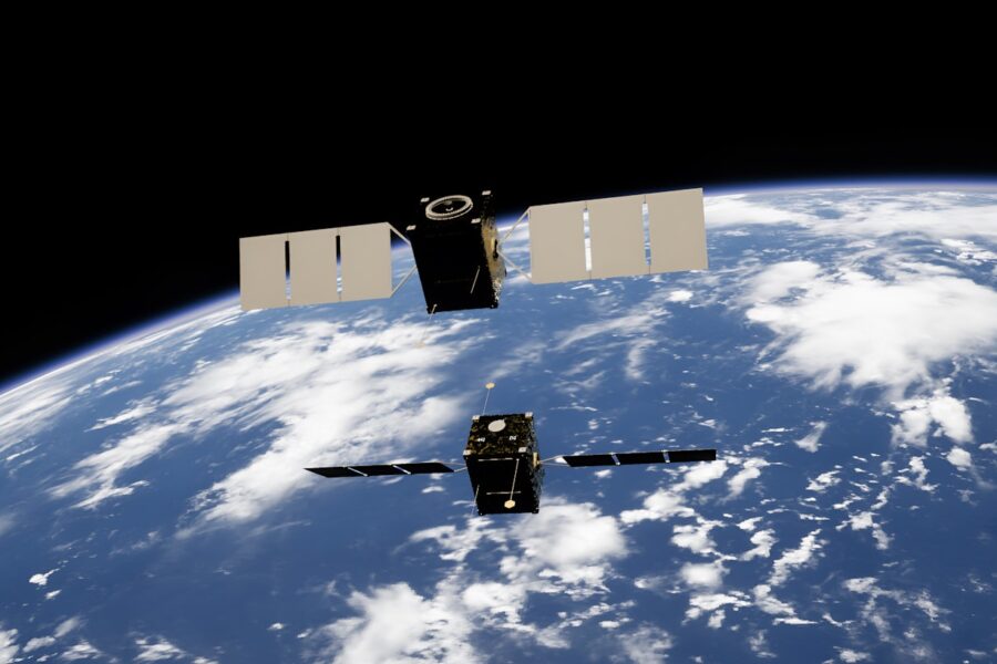 a satellite satellite flying over the earth