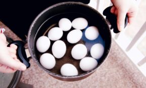 white eggs in black round container