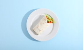 A wrap and salad on a white plate.