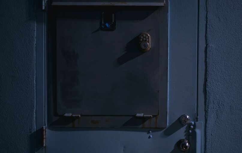 A closed metal door with a lock