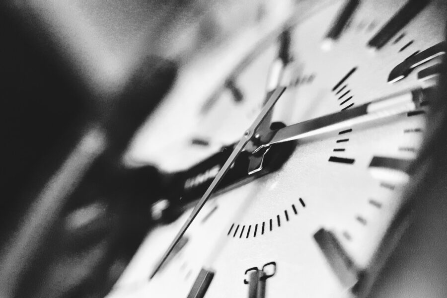 grayscale photography of clock