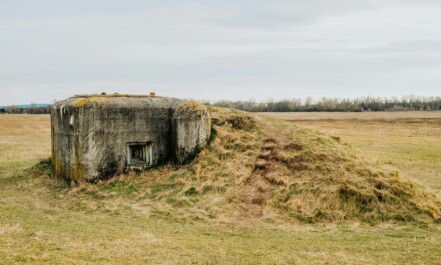 Concrete bunker covered with grass on a rural field, showcasing an abandoned, historical military structure.