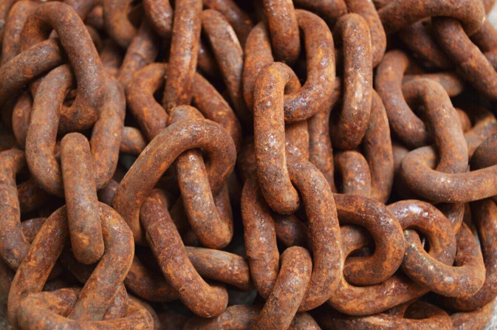 Detailed close-up of rusty metal chains, showcasing texture and pattern.