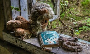 Eerie scene of a worn-out stuffed toy and book in an abandoned Chernobyl window.