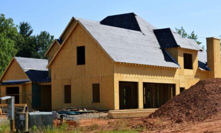 A partially built wooden house under construction, showcasing its progress and design in daylight.