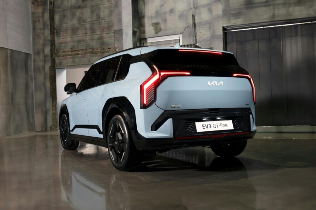 Sleek Kia EV3 GT-Line showcased in a modern interior setting, highlighting its futuristic design.