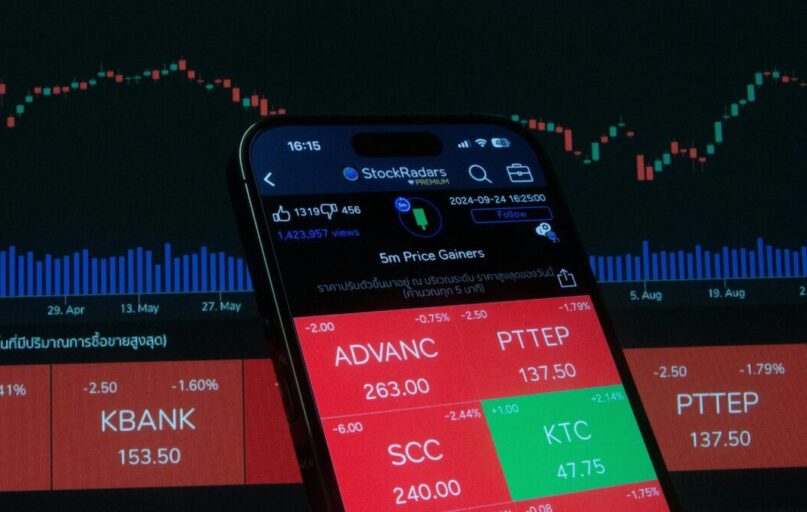 Mobile screen displaying stock market analysis with financial charts in the background.