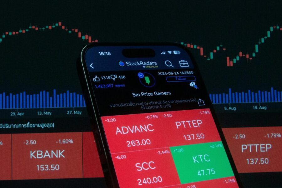 Mobile screen displaying stock market analysis with financial charts in the background.