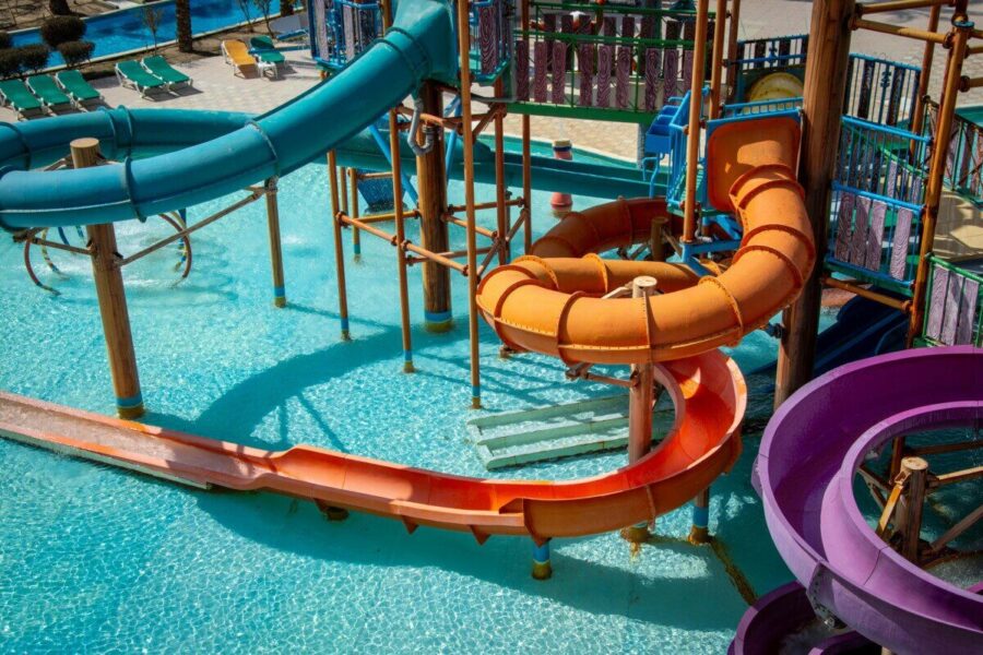 Vibrant water park slides offering fun in the sun for the whole family.