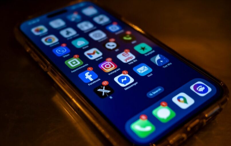 Smartphone screen displaying social media app notifications in a dimly lit setting.