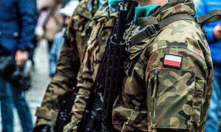 Close-up of Polish soldiers in camouflaged uniforms standing in line during a public event.