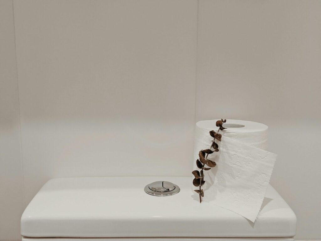 A minimalist bathroom scene featuring toilet paper with eucalyptus on a white toilet tank.