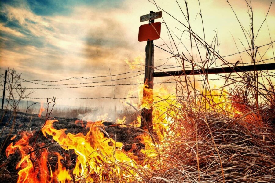 Dramatic image of a grass fire blazing near a barbed wire fence in a rural Kansas field.