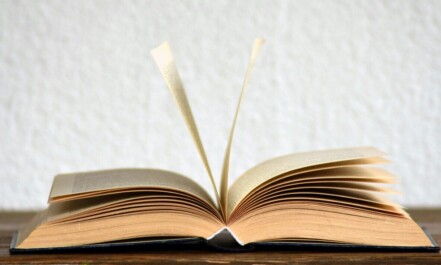 Close-up image of an open book with pages turning, creating a dynamic visual.