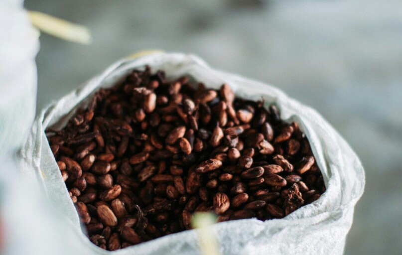 Close-up of aromatic cocoa beans in a sack, sourced from Indonesia.