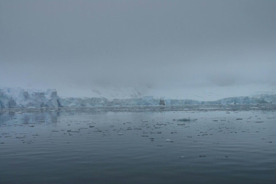 A tranquil view of the Antarctic ocean with icebergs and a distant glacier under a misty sky.