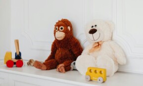 Cute plush teddy and monkey toys with wooden cars on a white shelf, perfect for kids' room decor.
