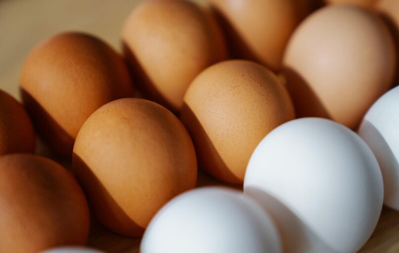 Close-up of brown and white eggs arranged on a surface, showcasing their texture and color.