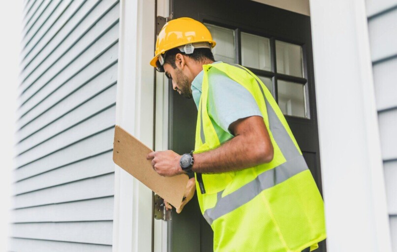 A male inspector in a hard hat conducts a property inspection outdoors with a clipboard.