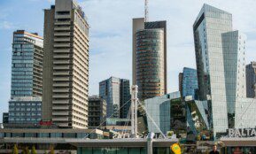 Contemporary architecture in downtown Vilnius featuring sleek skyscrapers and urban landscape.