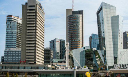 Contemporary architecture in downtown Vilnius featuring sleek skyscrapers and urban landscape.