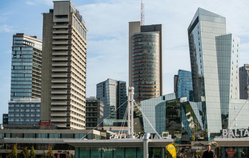 Contemporary architecture in downtown Vilnius featuring sleek skyscrapers and urban landscape.