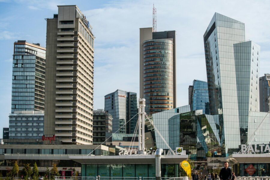 Contemporary architecture in downtown Vilnius featuring sleek skyscrapers and urban landscape.