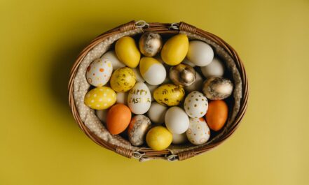 Basket of painted Easter eggs on yellow background. A festive springtime display.