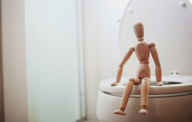 brown wooden doll on white ceramic toilet bowl